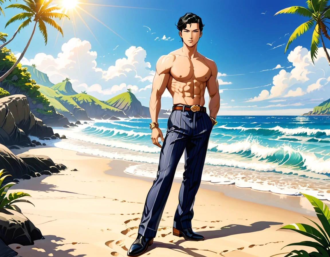 1 Male, Asian, chiseled face, medium straight black hair, 

Summer, Boots, long pants, beach background, bright sunlight, ocean waves, tropical setting, consistent fashion, aristocratic presence, stylish pose, full-body shot, emphasizing long pants,

score_9, score_8_up, score_7_up, score_6_up, score_5_up, score_4_up,