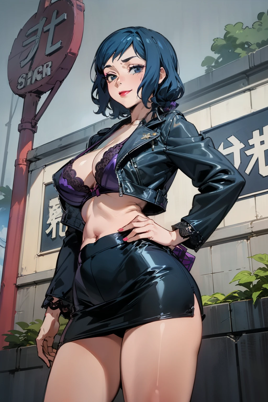 Night time,(Masterpiece), Best Quality, ultra-detailed, 1girl (rinko_iori, Slender and sexy body, huge breasts, wide hips, dark blue hair, long wave hair, blue eyes, half-closed eyes), evil face, smirk ,parted lips, mascara, full makeup, red lipstick, hookerchic, facing viewer, looking at viewer, solo, black latex jacket, short jacket, purple lace bra, navel, black skirt, tight skirt, micro mini skirt, purple lace panties, fishnets, outdoor, street, neon sign, standing, sexy waist teasing, from_below ,