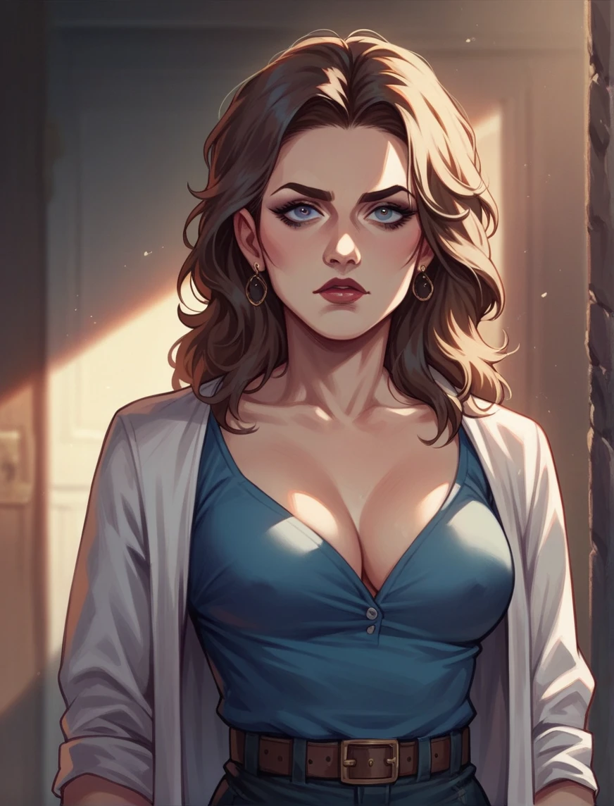 Close-up , reading by the fire, Visionary, Average Height, Toned, Triangular Face, Fair Skin, Auburn Hair, Blue Eyes with Green Flecks, Wide Nose, Pouty Lips, Sharp Chin, Shoulder-Length Hair, Wavy Hair, Ballerina Bun, soft breasts, Huggie earrings, black stain lipstick