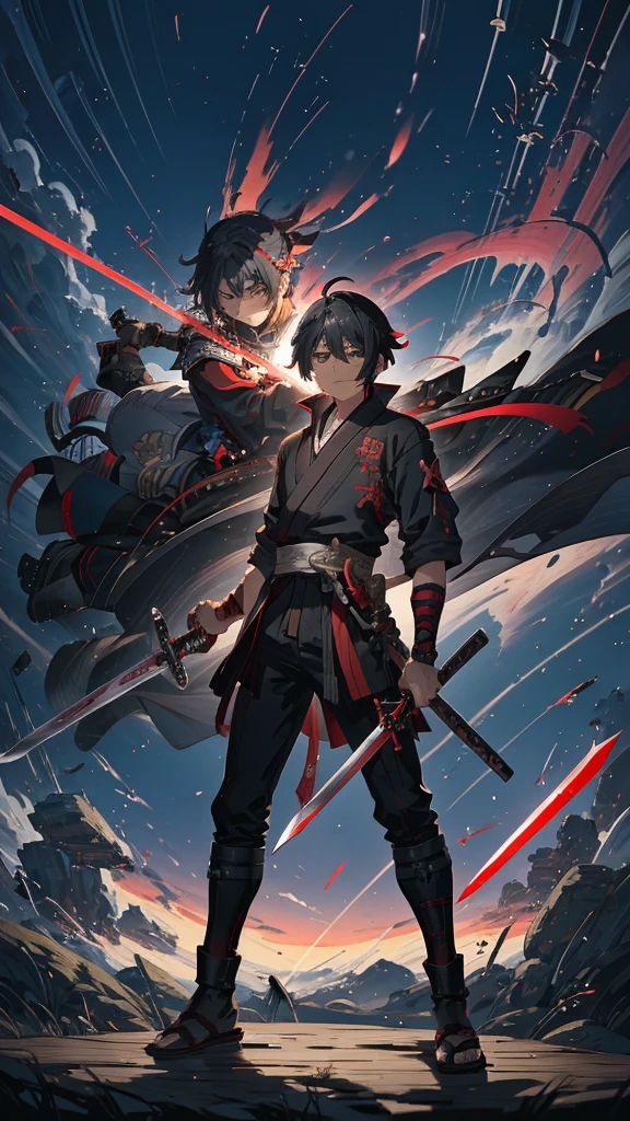 With a sword and a red belt、Anime character holding a sword, Hajime Yatate, okata kazuto, shirow Authentic, shikanosuke yagaki, Inspired by Hiro Yamagata, Samurai Man Wanderer, inspired by Kanō Sanraku, akiyuki shinbou, Authentic, Full body martial arts