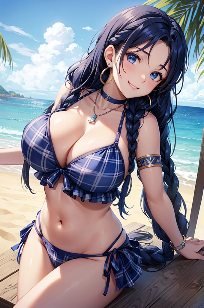 Highest quality、Highest quality、masterpiece、(8K),beauty(Age 25)、Navy blue long hair(Braiding of the sides)、blue eyes、Sexy Bikini(Plaid)、Big cleavage、(Big Breasts)、smile、blue necklace、Blue Earrings、background(Beach)、Please open your mouth wide、bracelet、Arch Pose、Blue choker