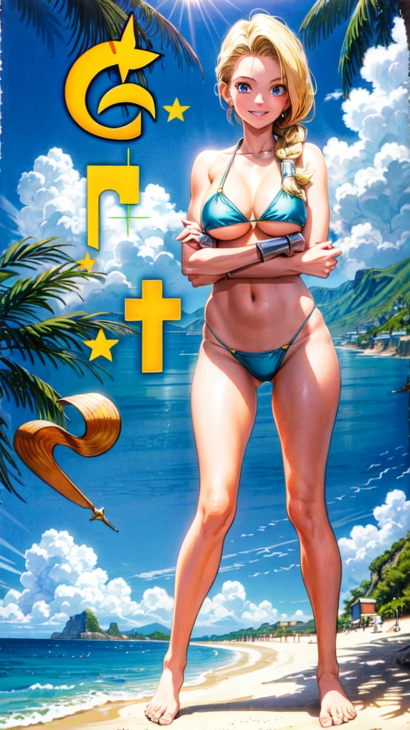 (masterpiece, highest quality:1.2), 1 girl, solo, 1 girl, Bianca, DQ5, illustration, anime style, long hair, blonde hair, single braid, blue eyes, smiling, green Bikini, beach, full body standing pose