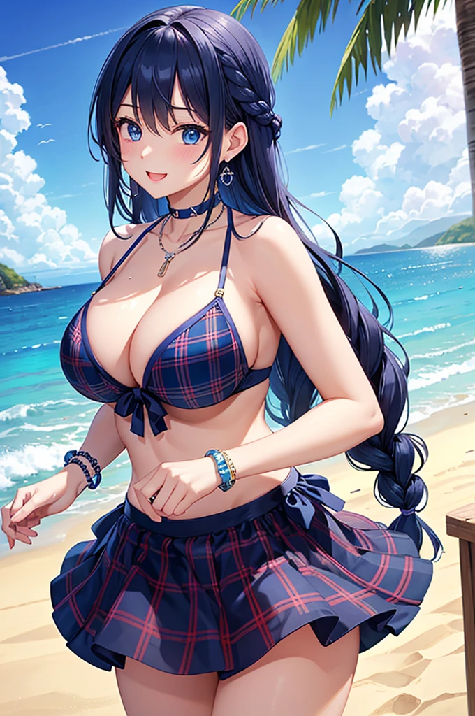 Highest quality、Highest quality、masterpiece、(8K),beauty(Age 25)、Navy blue long hair(Braiding of the sides)、blue eyes、Sexy Bikini(Plaid)、Big cleavage、(Big Breasts)、smile、blue necklace、Blue Earrings、background(Beach)、Please open your mouth wide、bracelet、Arch Pose、Blue choker