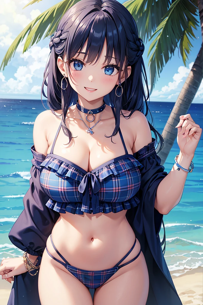 Highest quality、Highest quality、masterpiece、(8K),beauty(Age 25)、Navy blue long hair(Braiding of the sides)、blue eyes、Sexy Bikini(Plaid)、Big cleavage、(Big Breasts)、smile、blue necklace、Blue Earrings、background(Beach)、Please open your mouth wide、bracelet、Arch Pose、Blue choker