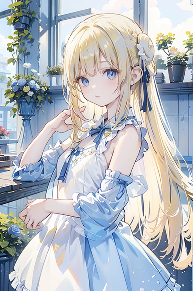 (((Half-length photo)))Yellow hair,blue eyes,Carly,Lovely,((Check out this sheer navy mini dress)),Wearing blue high heels,whole body,Fingers and arms are not exposed,Field of blue roses in the background,Blue sky and white clouds,,Happy expression,High-quality lighting,Artistic sense((Hair Bun))(Very long hair))((Bangs))((Slut))((Tsuri Plum))((big eyes))((Thin body))((expensive))(Pale skin))((Plant Prints))(())((Nipples showing under shirt))(Pale skin))((Plant Prints))((babyNot suitable for working hours))((((5 years olby)))((Lolita)(ed lower body))