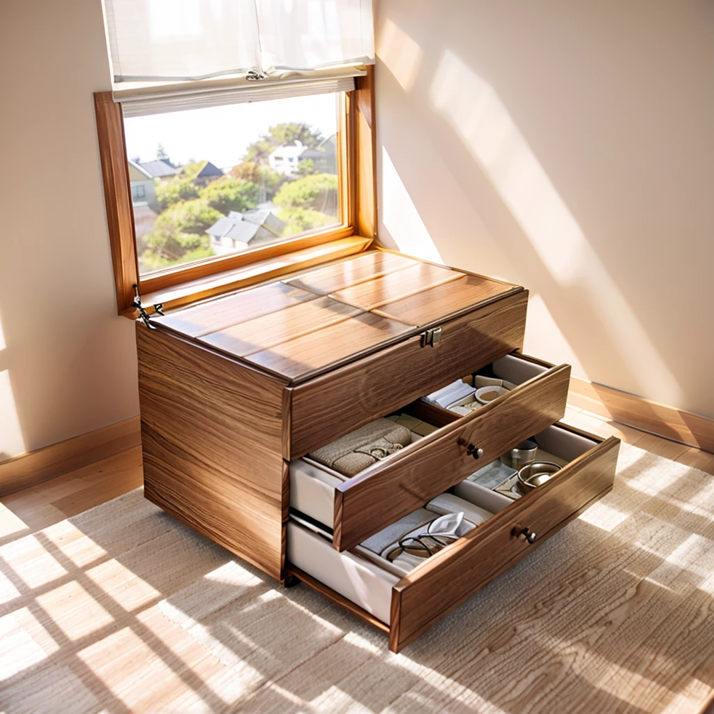 In this cozy room，A ray of sunlight shone through the half-drawn curtains on the table，Let the wood grain on the watch storage box shine with a faint luster。There was a calm and peaceful atmosphere in the air around them。There are several still lifes hanging on the walls of the room，It adds a touch of elegance to the space。And on the other side of the room，The half-open window lets in the breeze，The pages on the small desk by the window turned in the wind，This quiet scene gives a sense of tranquility and comfort。
