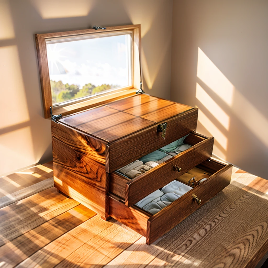 In this cozy room,A ray of sunlight shone through the half-drawn curtains on the table,Let the wood grain on the watch storage box shine with a faint luster。There was a calm and peaceful atmosphere in the air around them。There are several still lifes hanging on the walls of the room,It adds a touch of elegance to the space。And on the other side of the room,The half-open window lets in the breeze,The pages on the small desk by the window turned in the wind,This quiet scene gives a sense of tranquility and comfort。
