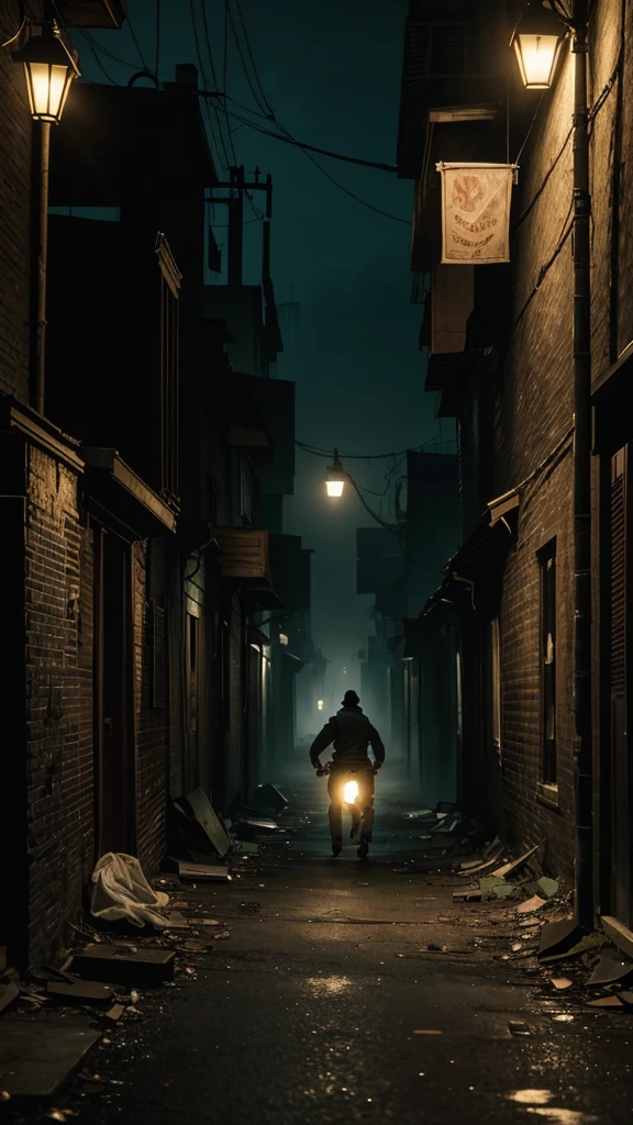 a desperate run of a young through dark and empty streets, echoing footsteps on the pavement as the Old Sack Seller slowly approaches, creating a sense of anguish,(best quality,4k,8k,highres,masterpiece:1.2),ultra-detailed,(realistic,photorealistic,photo-realistic:1.37),dark moody lighting,dramatic shadows,dramatic angle,motion blur,gritty urban environment,lonely abandoned alley,old dilapidated buildings,flickering streetlights,low camera angle,intense chiaroscuro,muted color palette, running in terror,Old Sack Seller slowly pursuing,suspenseful horror atmosphere