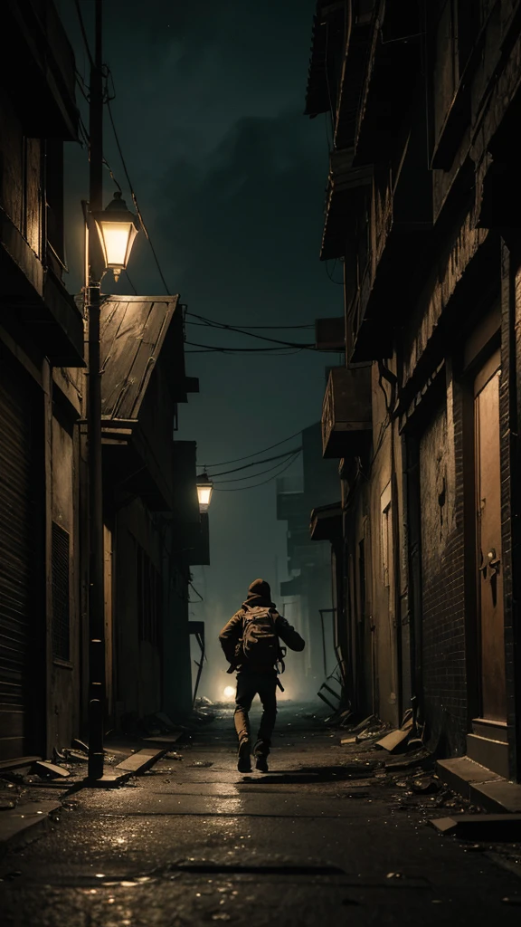 a desperate run of a young  through dark and empty streets, echoing footsteps on the pavement as the Old Sack Seller slowly approaches, creating a sense of anguish,(best quality,4k,8k,highres,masterpiece:1.2),ultra-detailed,(realistic,photorealistic,photo-realistic:1.37),dark moody lighting,dramatic shadows,dramatic angle,motion blur,gritty urban environment,lonely abandoned alley,old dilapidated buildings,flickering streetlights,low camera angle,intense chiaroscuro,muted color palette, running in terror,Old Sack Seller slowly pursuing,suspenseful horror atmosphere