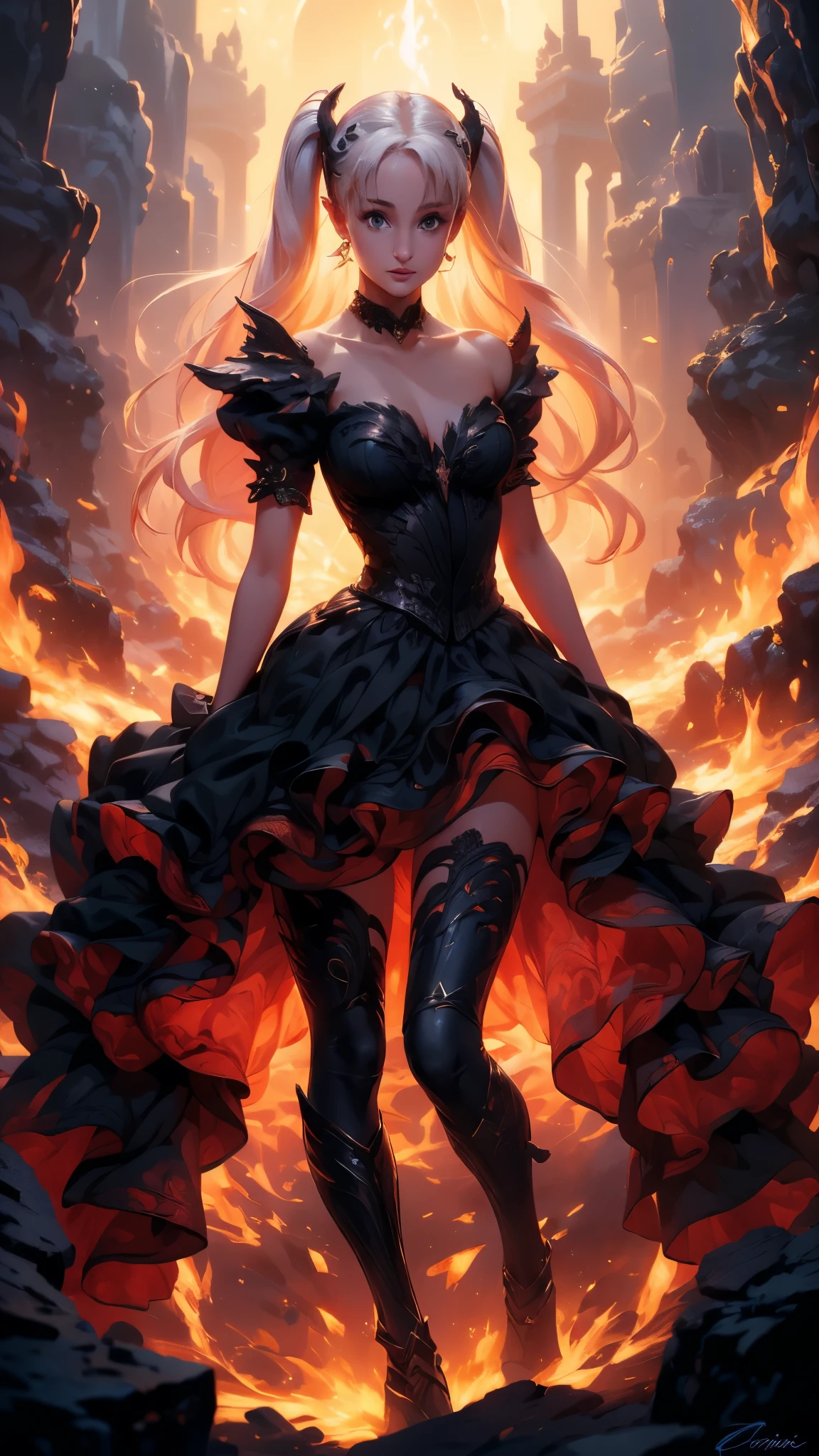 (La mejor calidad,A high resolution,Ultra - detallado,actual),Ariana Grande in a black dress with flames on her chest, epic fantasy art style hd, 4k fantasy art, epic fantasy digital art style, epic fantasy art style, fantasy woman, epic fantasy art portrait, epic fantasy style, hyperrealistic fantasy art, hd fantasy art, epic fantasy character art, epic fantasy art, in style of dark fantasy art, epic fantasy digital art, (anatomía perfecta :1.4),( iluminación cinematográfica :1.4), (Ariana Grande :1.4),( face detailed Ariana Grande :1.4), (skirt lifted by itself: 1.1), (skirt lift: 1.3), (showing white panties: 1.3)