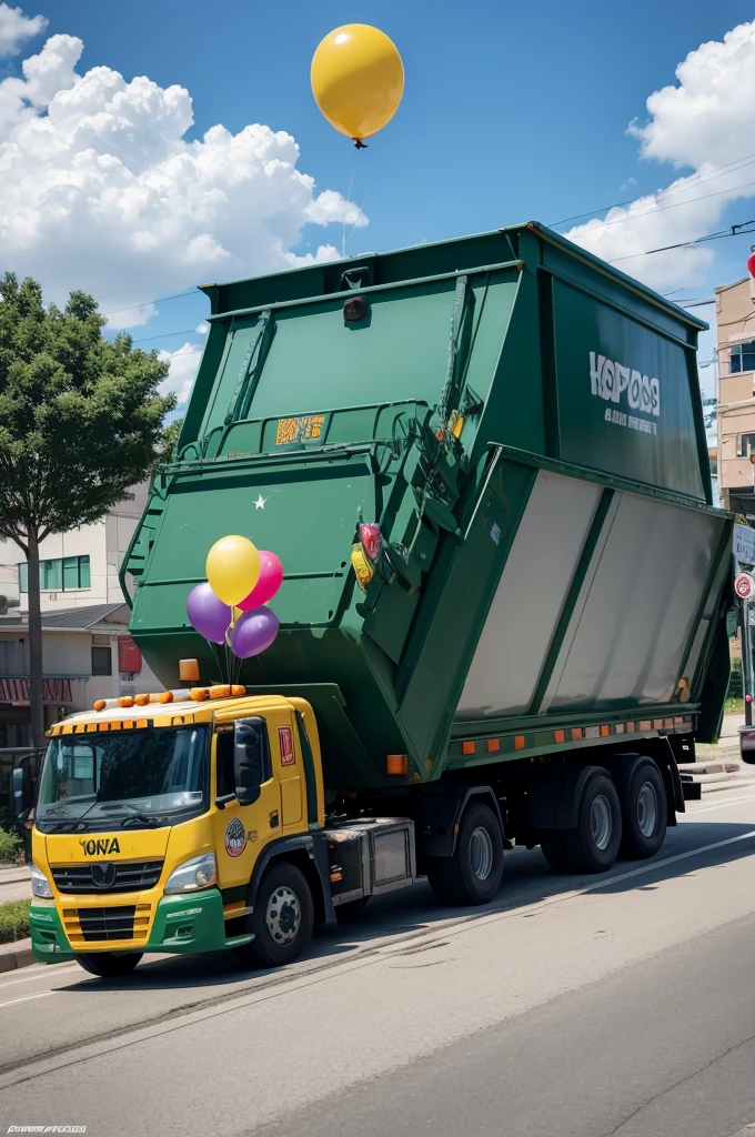 Garbage truck transformer with a balloon on top saying hoho