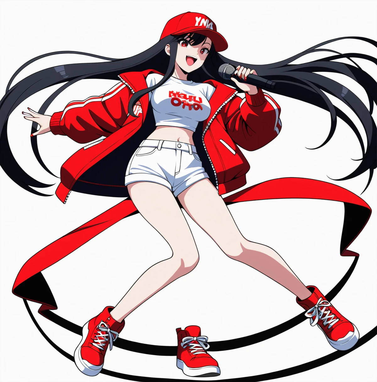 Background white, White background, ((((White background)))), ((((Full body)))), Black Hair, Long Hair, Baseball Cap, Anime Style, 1 person, beautiful girl, Red eyes, Hip Hop Clothes, Red clothes, Hold the microphone, Dynamic Angle, 4K, 8K, smile, Open your mouth, singing, sexy,