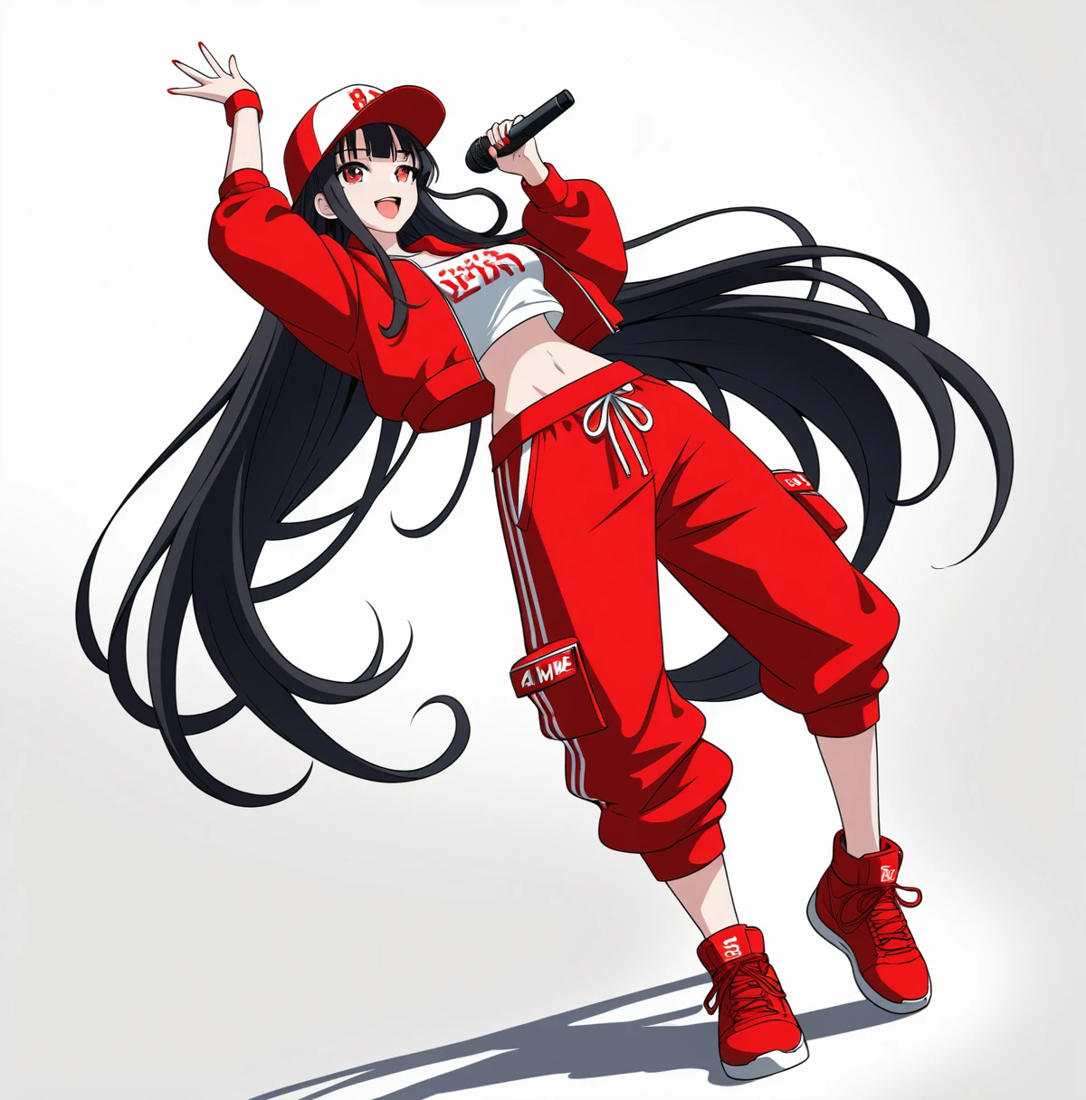 Background white, White background, ((((White background)))), ((((Full body)))), Black Hair, Long Hair, Baseball Cap, Anime Style, 1 person, beautiful girl, Red eyes, Hip Hop Clothes, Red clothes, Hold the microphone, Dynamic Angle, 4K, 8K, smile, Open your mouth, singing, sexy, 