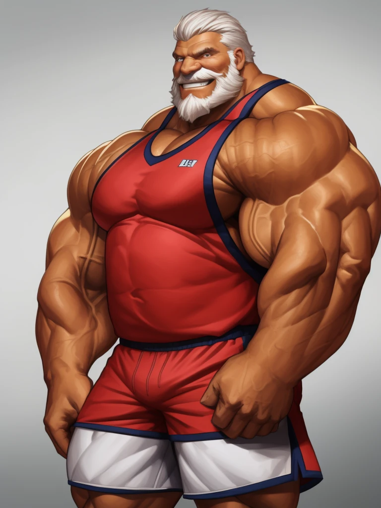 solo, 1boy, perfect anatomy, perfect proportion, smile, grinning, happy. Huge Muscular Old man wearing basketball jersey ,(white shorts), view from side, pectoral, thick arms, huge pectoral, wide pectoral, short white hair, red beard and hair, simple background, masterpiece, semirealistic:1.2, high detailed, 8k, high resolution, perfect center, full view. ((really big muscle, massive muscular, sixpack, thick arms, wide pectoral, super huge muscle, hyper muscular, over sized muscle, huge arms, big arms, huge pectoral))