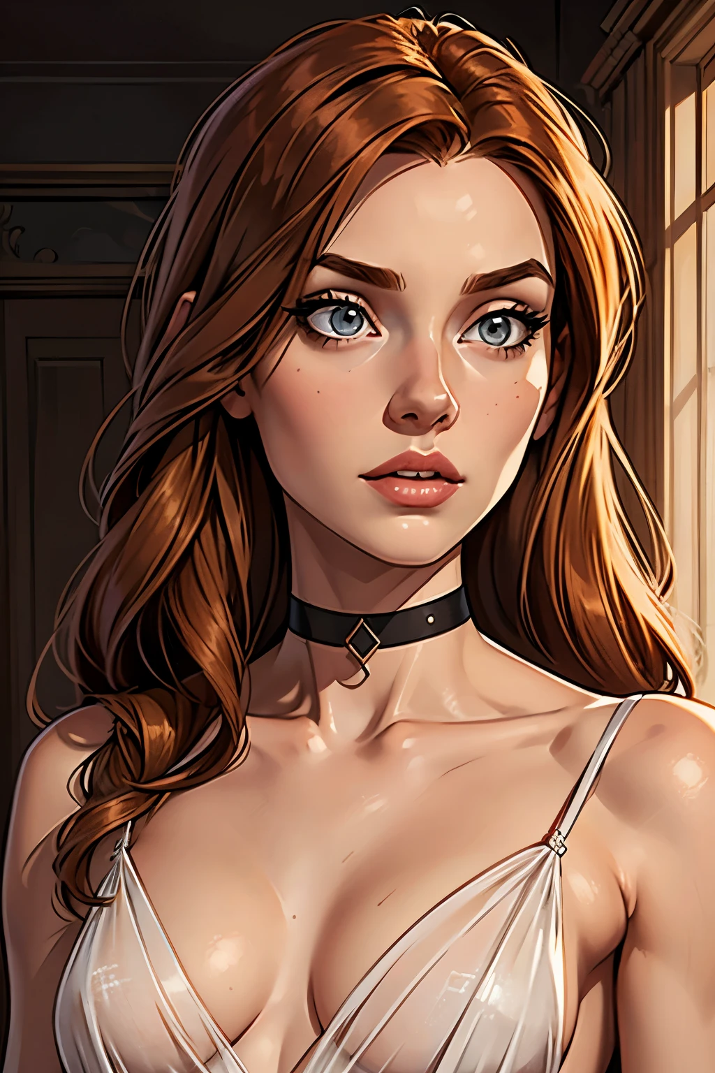 best qualityer, work of art, (realisitic: 1.2), 1 girl, slender girl, ginger hair, eyes browns, 3/4 view, face detailed, gorgeous eyes, eyes gray, eyes large, breasts small, choker, see through gown
