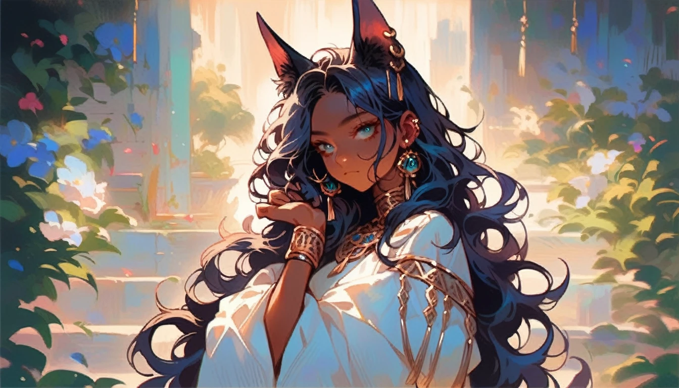 1 Girl，Cat ears，Dark skin tone的女性，Dark skin tone，clothing，earrings，Jackal ears，Jewelry，Long hair,，beautiful girl,Standing，Sexy pose，Blue Hair，skin，Keep your mouth shut，Wear，whole body，solo，Standing，Cat&#39;s Tail，埃及Catwoman神, bet, Wearing golden cat armor, Catwoman, Egyptian God, Neferibido,Color model table turnover, character turnaround, Animation character design, whole body拍摄转身, detailed whole body概念艺术, Colorful Concept Art, Anime Concept Art, whole body角色概念艺术, whole body概念艺术, game character concept art, Reference Model Table, Character Concept Reference Art，