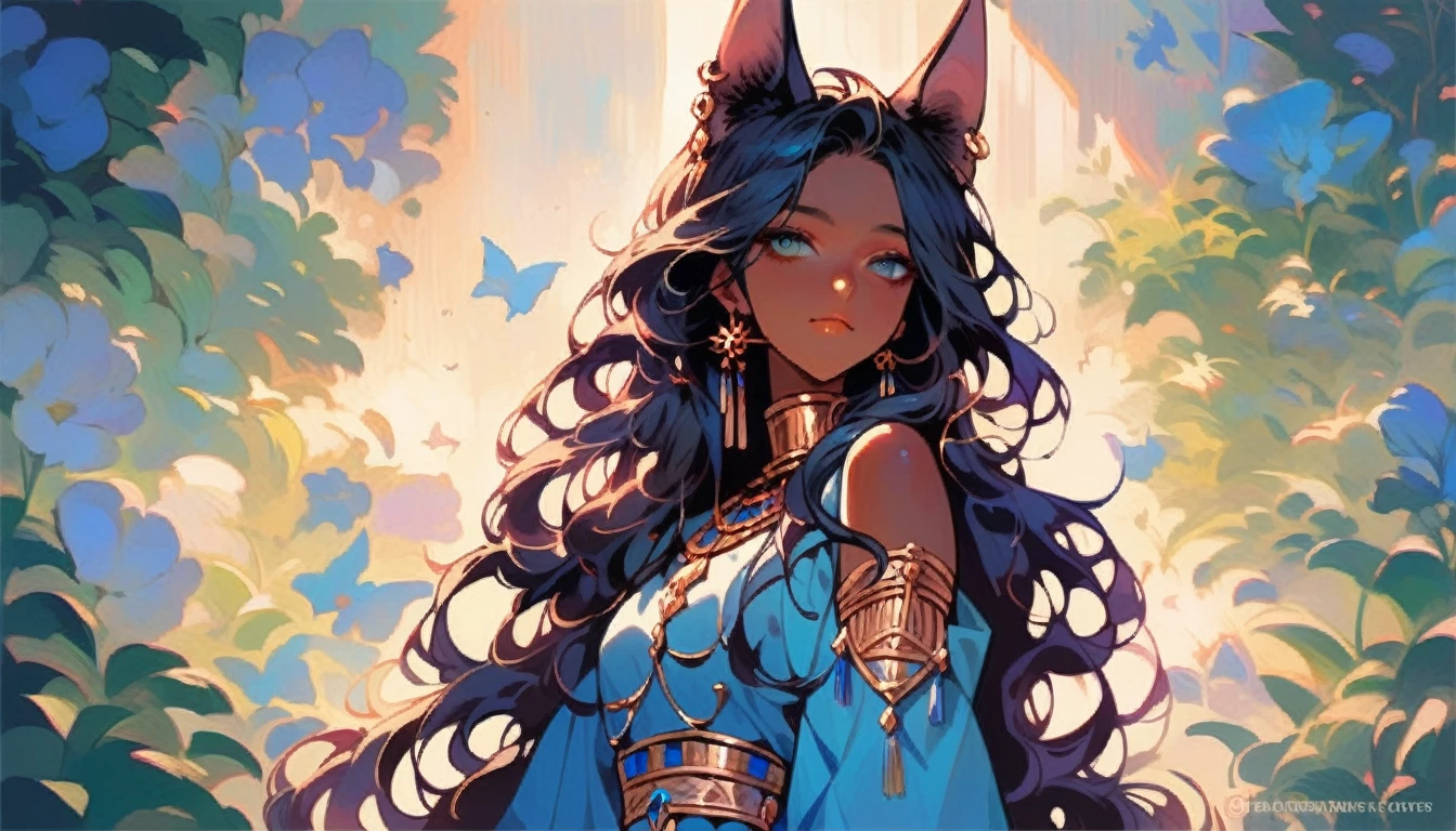 1 Girl，Cat ears，Dark skin tone的女性，Dark skin tone，clothing，earrings，Jackal ears，Jewelry，Long hair,，beautiful girl,Standing，Sexy pose，Blue Hair，skin，Keep your mouth shut，Wear，whole body，solo，Standing，Cat&#39;s Tail，埃及Catwoman神, bet, Wearing golden cat armor, Catwoman, Egyptian God, Neferibido,Color model table turnover, character turnaround, Animation character design, whole body拍摄转身, detailed whole body概念艺术, Colorful Concept Art, Anime Concept Art, whole body角色概念艺术, whole body概念艺术, game character concept art, Reference Model Table, Character Concept Reference Art，