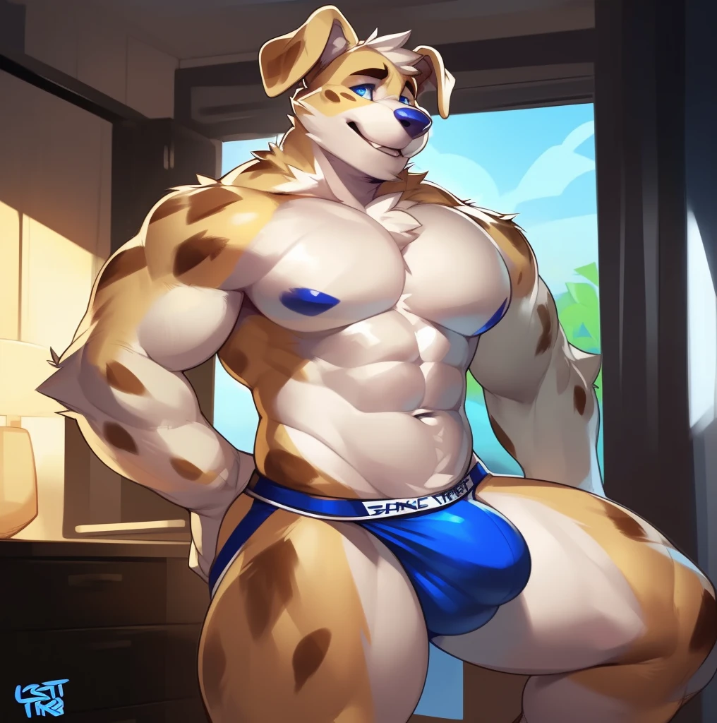 Solo, male (((retriever, blue eyes, blue iris, black pupils, athletic, big pecs, abs, folded ears, white body, white fur, brown ears, mostly brown ears, brown spots on legs, white abdomen, white face, white arms, thin waist, mostly white fur, black jockstrap, big bulge))) standing, bedroom, flustered expression, full body, perfect anatomy, by darkgem, by mystikfox61, by glitter trap boy
