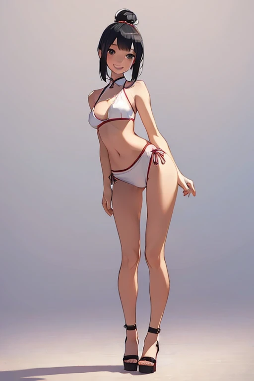 (full body:1.4),  Pretty 27 yo Chinese woman, Short, beautiful figure, cute butt. White bikini, wedge heels, (smile). Masterpiece, best quality,(highly detailed:1.2),(detailed face and eyes:1.2), 8k wallpaper, natural lighting. core shadows, high contrast, bokeh.