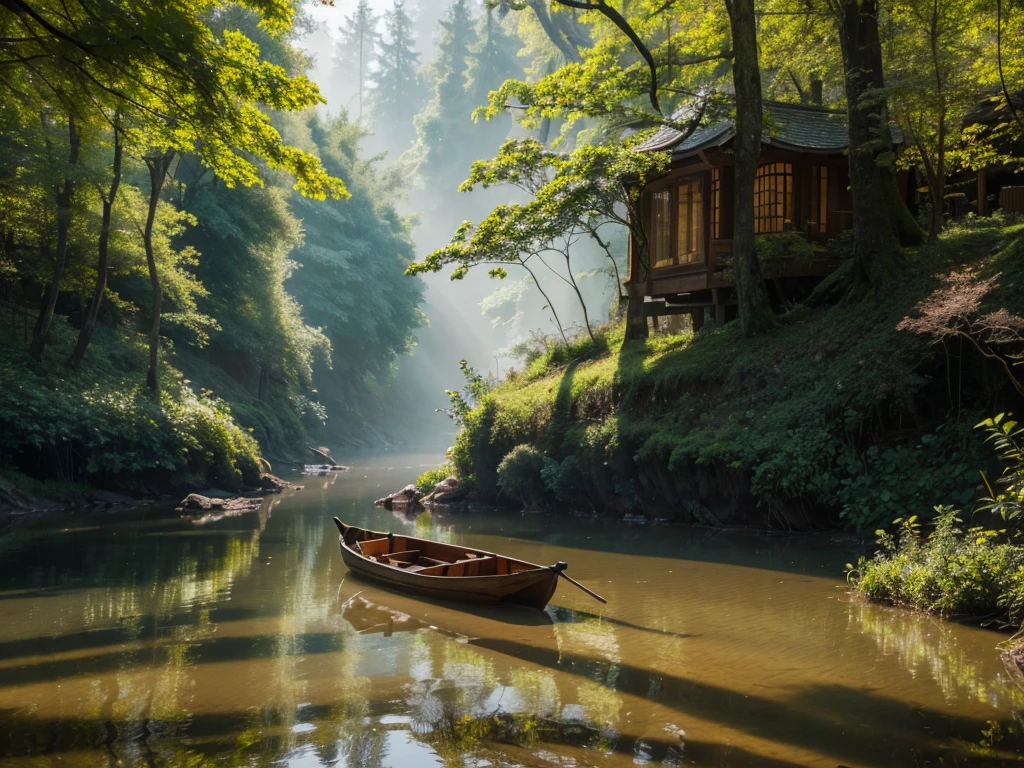 8K HD quality，Photos of the lush deep canyon, River forest small wooden boat，The forest grows in the river，The mist and leaves add an air of mystery and beauty to the scene.,