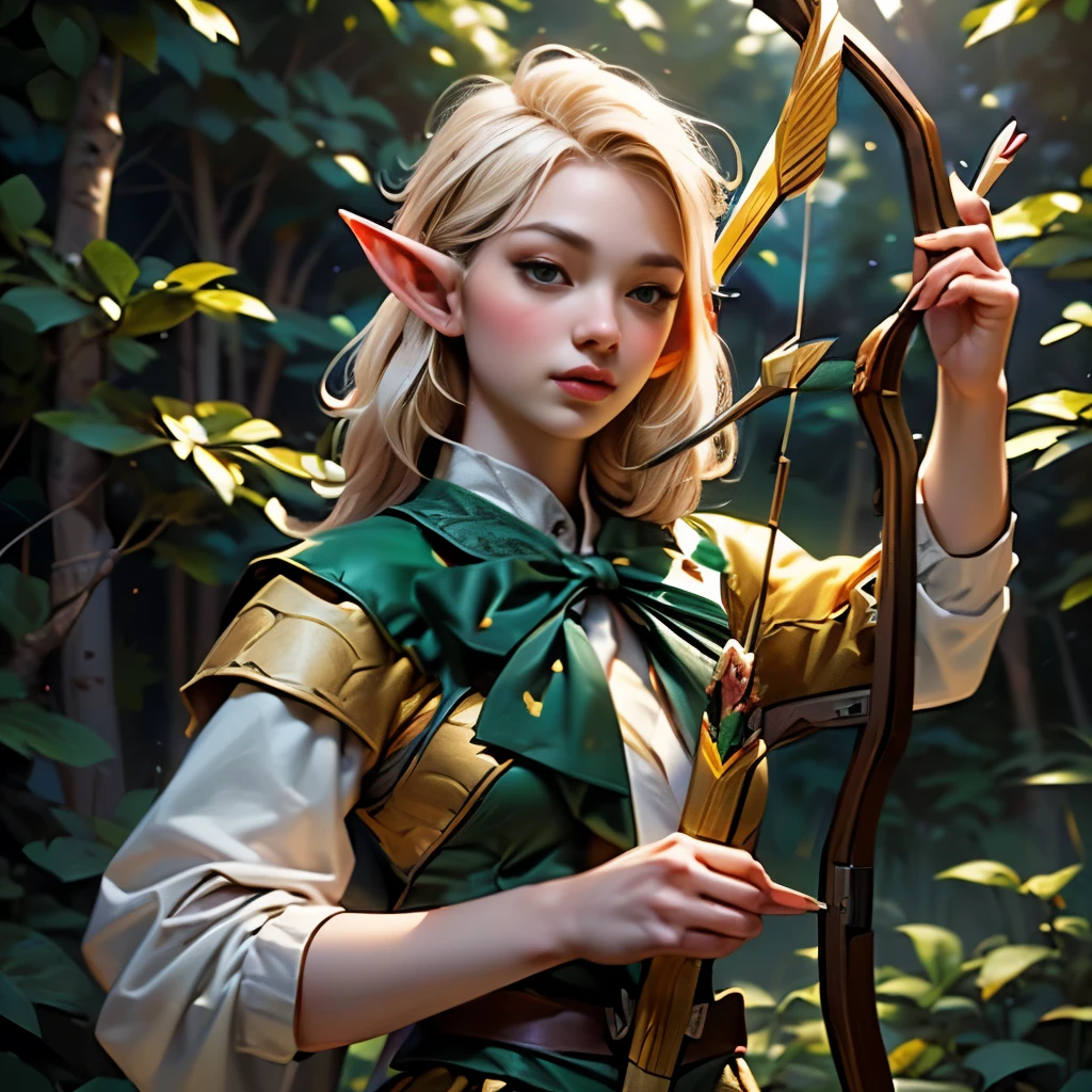 ((Put an arrow in the bow and shoot it_Archery Master_Elf:1.9))、Blonde medium hair、Big Breasts、Narrow waist、Big Butt、Ideal proportions、Oily skin with detailed、Wearing a revealing, beautiful and delicate outfit、Carry a quiver full of arrows on your back、(モーションブラー効果で表現されたElfの動き:1.5)、(Highest quality、4K、8K、High resolution、masterpiece:1.2)、Very detailed、(Genuine、Realistic、Realistic:1.37)、詳細なElf、Fantastic lighting、green々leaf、Magical atmosphere、Dramatic Shadows、Beautiful night forest scenery in vibrant colors