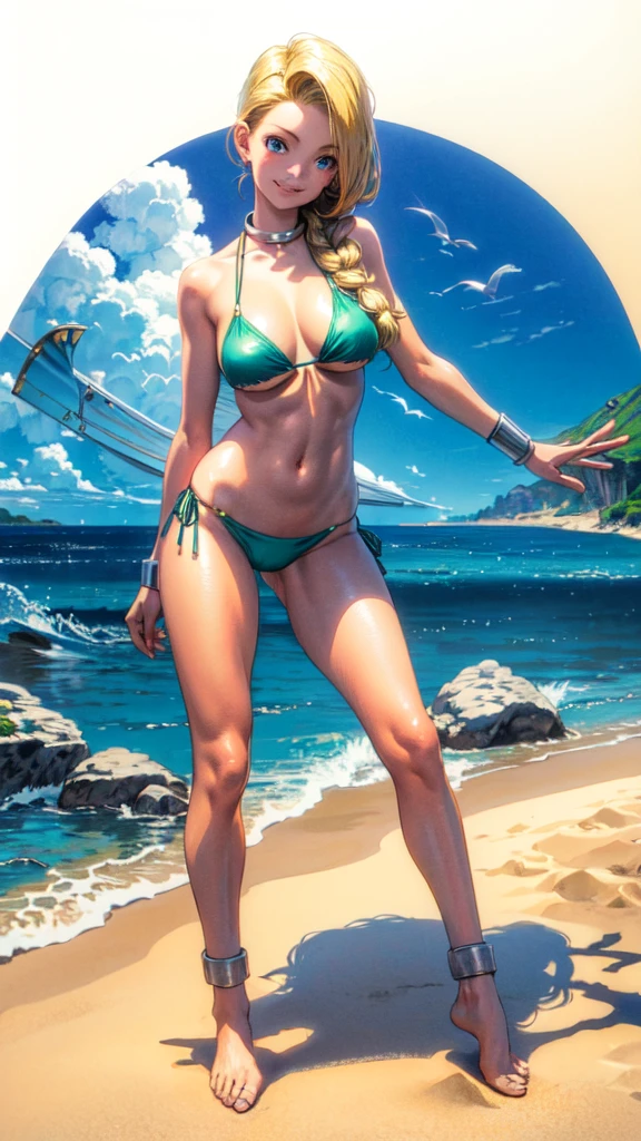 (masterpiece, highest quality:1.2), 1 girl, solo, 1 girl, Bianca, DQ5, illustration, anime style, long hair, blonde hair, single braid, blue eyes, smiling, green Bikini, beach, full body standing pose