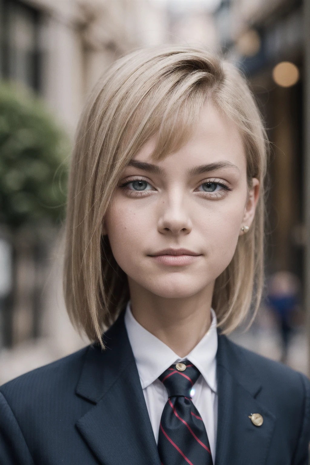 portrait of european 1girlsolo, , beautiful face, upper body, hair over one eye, medium sidecut, blonde hair, sharp focus,black business suit