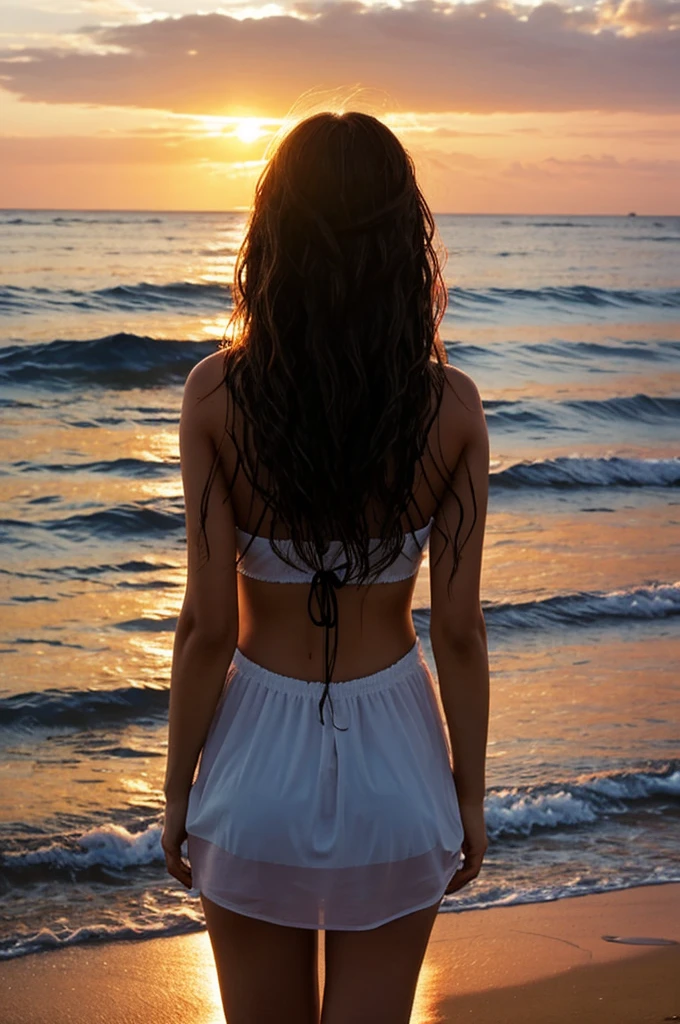 A girl with wet medium hair on the beach at a sunset with her back to the image