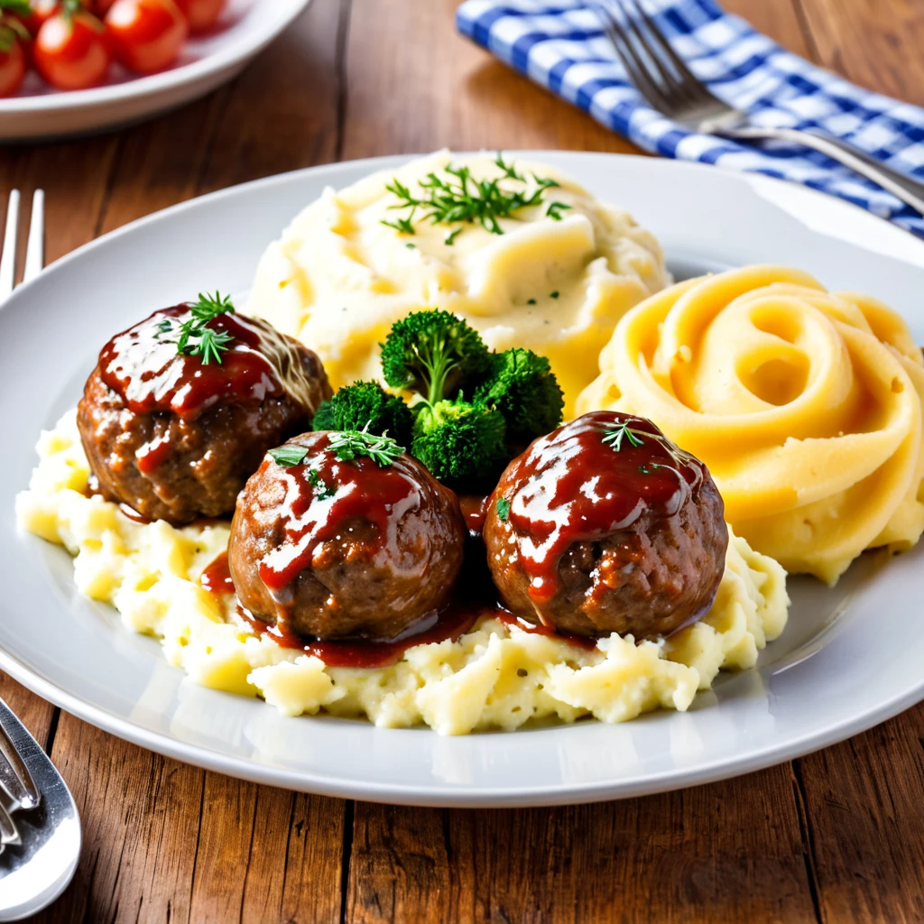 there is a plate of food with meatballs and mashed potatoes, a picture by Karl Völker, pixabay, dau-al-set, polish food, 💣 💥, ❤🔥🍄🌪, swedish, recipe, profile image, 3 colour, sunday, meaty, glazed, cheesy, sweden, けもの, carl gustav