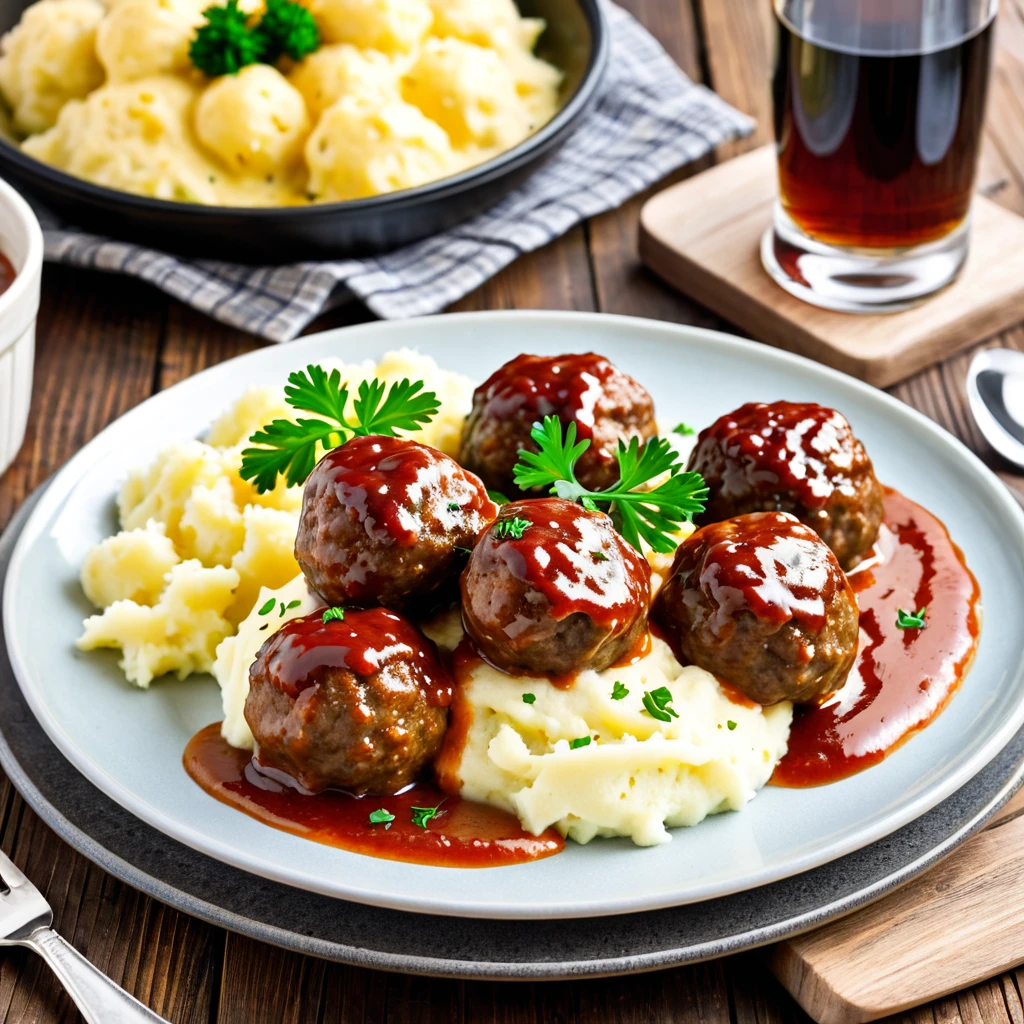 there is a plate of food with meatballs and mashed potatoes, a picture by Karl Völker, pixabay, dau-al-set, polish food, 💣 💥, ❤🔥🍄🌪, swedish, recipe, profile image, 3 colour, sunday, meaty, glazed, cheesy, sweden, けもの, carl gustav