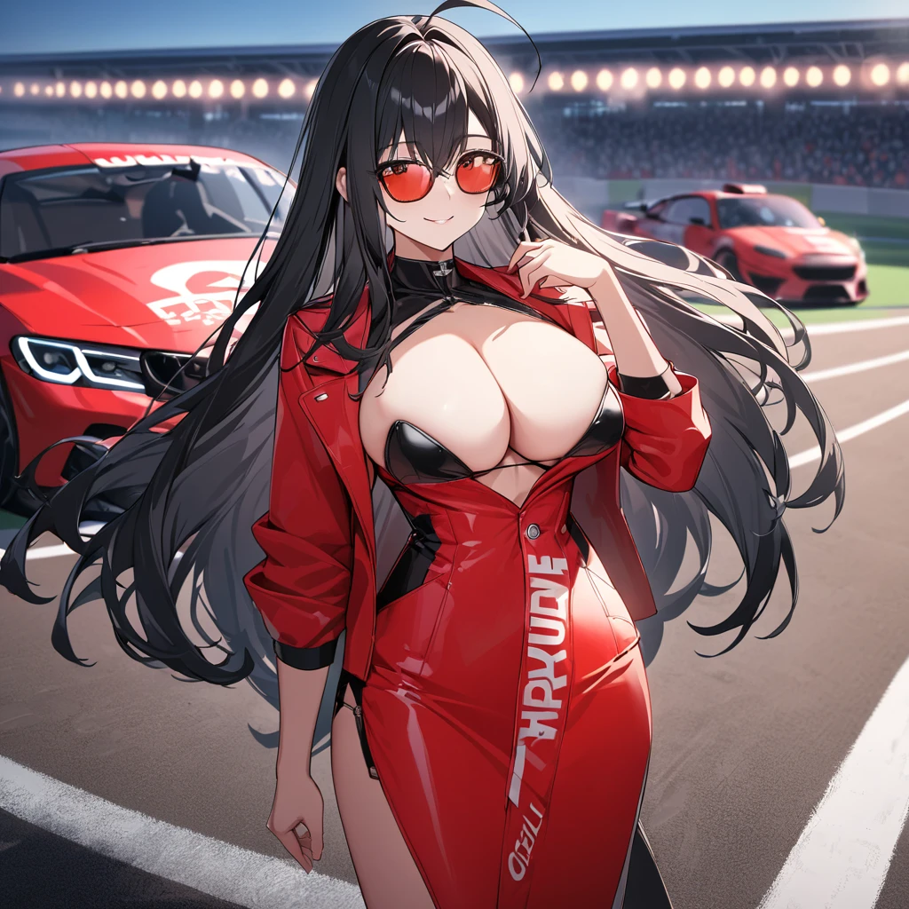 A woman wearing a long red leather coat, open coat, wearing a black bikini, eye red, black leather boots, race queen, sunglasses, black hair, long hair, ahoge, smiling, big breasts, standing on a running track, wide view of a lawn, concrete track, a black racing car in the background, red car, perfectly, smiling car, night place with lighting, UHD , prime work , accurate , anatomically correct , textured skin , super details , high quality , best quality, 8k, high resolution, bokeh effect. (woman alone),
