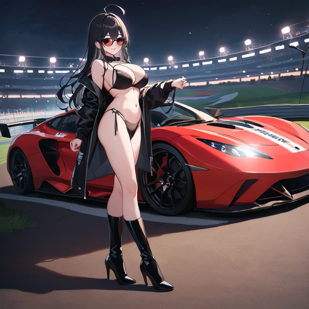 A woman wearing a long red leather coat, open coat, wearing a black bikini, eye red, black leather boots, race queen, sunglasses, black hair, long hair, ahoge, smiling, big breasts, standing on a running track, wide view of a lawn, concrete track, a black racing car in the background, red car, perfectly, smiling car, night place with lighting, UHD , prime work , accurate , anatomically correct , textured skin , super details , high quality , best quality, 8k, high resolution, bokeh effect. (woman alone),