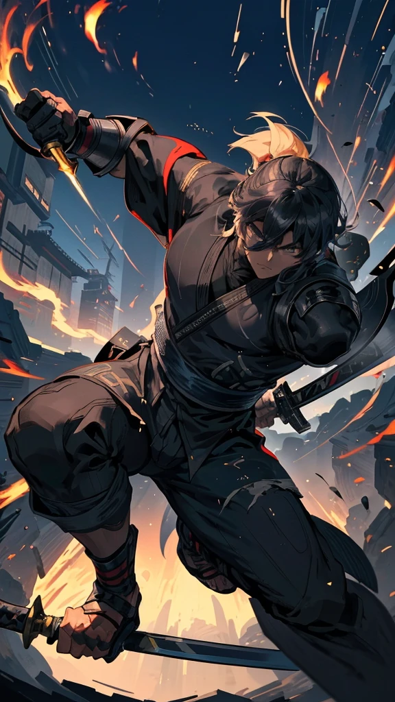 Close-up of a person leaping into the air with a sword, 神秘的なNinja, Ninja戦士, Jumping Leaping Heroic Attack, mkNinja, fighting game character, Works inspired by Kano Hogai, Promotional Art, Heroic action pose, Ronin, in the style of sifu 🔥 😎 🕹️ 👀 :2, No text, Strong Shadows Ninja