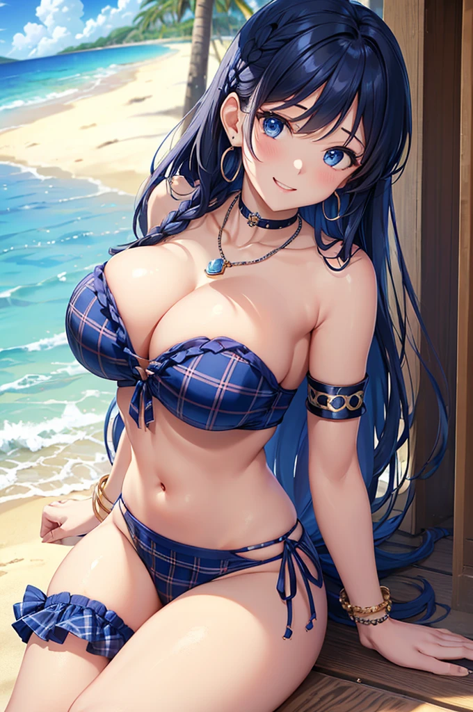Highest quality、Highest quality、masterpiece、(8K),beauty(Age 25)、Navy blue long hair(Braiding of the sides)、blue eyes、Sexy Bikini(Plaid)、Big cleavage、(Big Breasts)、smile、blue necklace、Blue Earrings、background(Beach)、Please open your mouth wide、bracelet、Arch Pose、Blue choker
