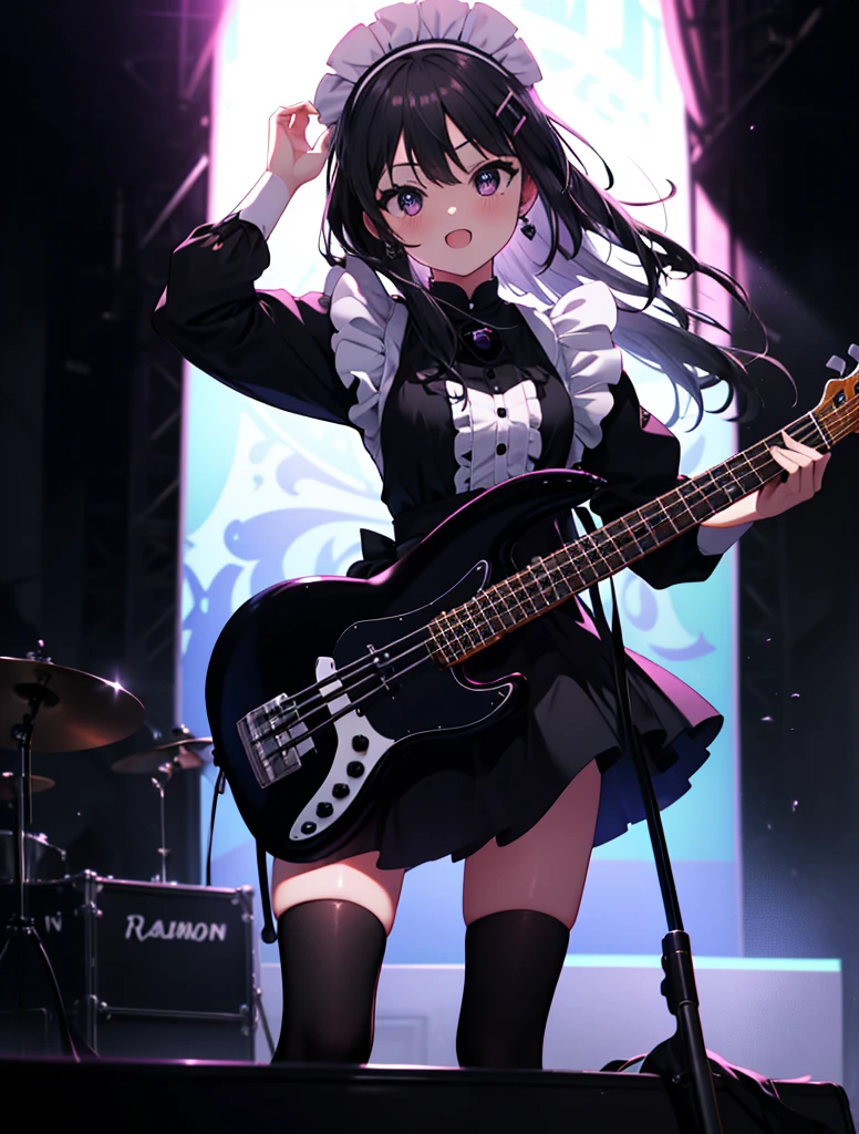 Mount Mimyeon, My Akiyama, (black ruby eye:1.5), Black Hair, Long Hair, Maid,Long skirt,black tights,short boots,Left-handed base(fender jazz bass)play、Rock band concert, Instrument playing, stageパフォーマンス, hot air,Fun atmosphere、Clip Studio、shape of transparency and brightness,close ~ eye、Laughter,stage,On stage,break (Tabletop:1.2), Highest quality, High resolution, unity 8k wallpaper, (shape:0.8), (beautiful and fine eye:1.6), Highly detailed face, Perfect lighting, Detailed CG, (Perfect hands, Perfect Anatomy),