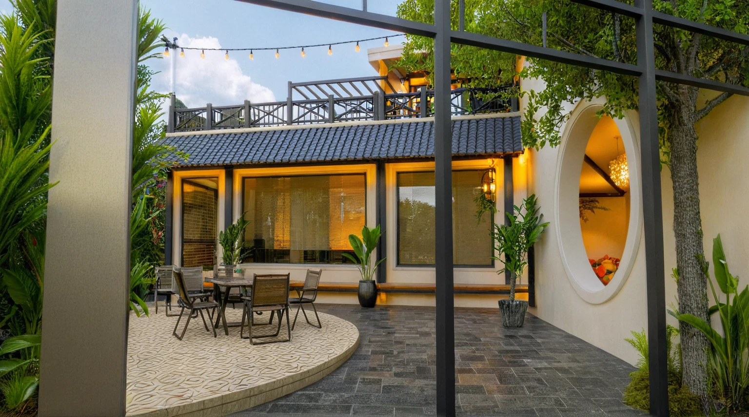 Raw photo,Masterpiece, high quality, best quality, authentic, super detail,
exterior, outdoors, house style indochine on the street ,aiaigroup
road,pavement, grass, trees, sky, cloud, (day:1.1)