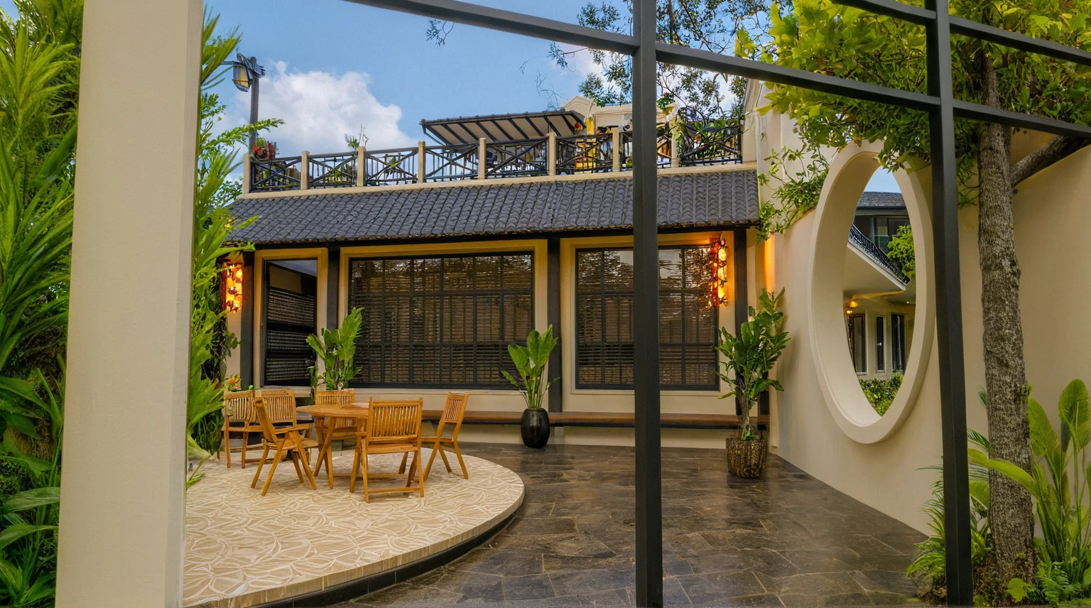 Raw photo,Masterpiece, high quality, best quality, authentic, super detail,
exterior, outdoors, house style indochine on the street ,aiaigroup
road,pavement, grass, trees, sky, cloud, (day:1.1)