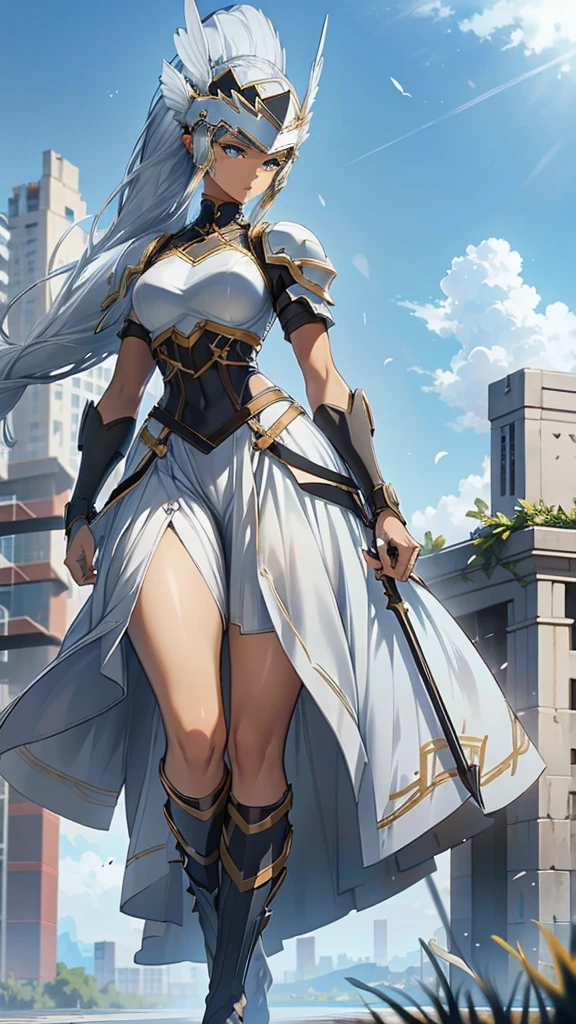 Anime, 1 black girl, Ebony skin, mega ponytail hairstyle, pure white hair, Sea BLUE eyes, medium bust, valkyrie's winged helmet, white valkyrie's armor, black Long large skirt, white gauntlets, white Boots, Ebony skin, serious face, large wings, action pose