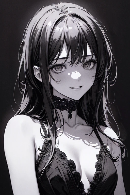 masterpiece、８K、Highest quality, (Background details), High Contrast, Very beautiful girl, Detailed original illustration、Small breasts、、Detailed shading、functional、Delicate face、Charm、Villainess、sexy、Real breasts、Crazy Smile, Crazy Eyes,、（Head close-up）, Black background, (Black background: 1.5), Beautiful line art、Monochrome