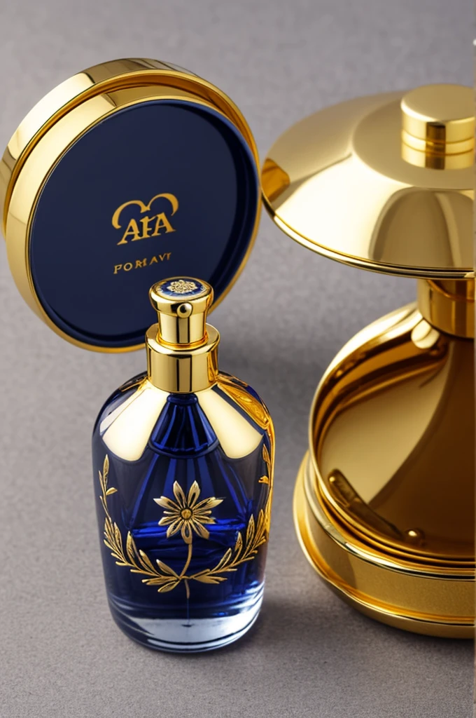 perfume with flower-shaped bottle, has engraved details, It is navy blue and its lid is gold.
