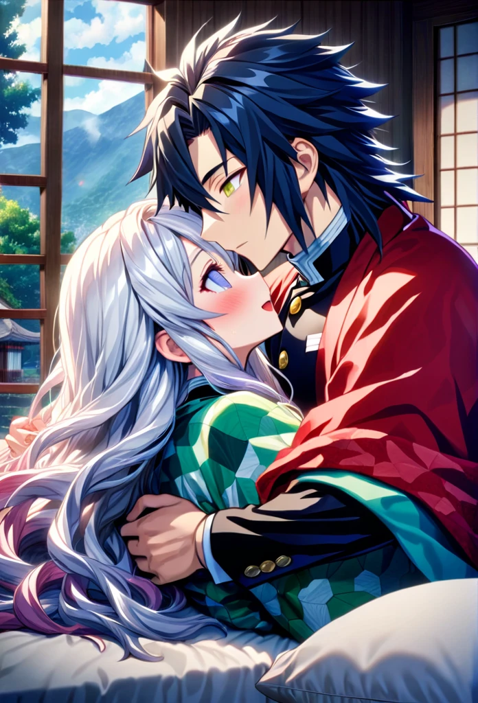 Ultra detailed, highres, absurdres, HDR, master piece, anime girl and boy, pretty woman with white long hair with deep red streaks, girl with yellow eyes, the girl is using a red haori, black demon slayer uniform, Kimetsu No Yaiba, fantasy, handsome, Tomioka Giyu, Water Hashira, Tomioka hugging the girl with white hair, romantic, both lying in bed, inside a japonese house, best quality, extremely detailed face, love, passion, romance, anime, they are really in love, sexy 