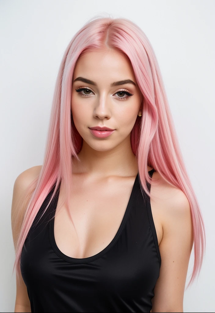 um close up de uma mulher com pink  hair e um top preto, pink  hair, pink straight hair, pink  hair claro, com pink  hair, pink  hair longo, long bubblegum hair, bubblegum hair, pastel pink skin tone, long flowing pink hair, pink  hair claro longo, pink  hair wispy, pink  hair claro com chamas cor-de-rosa, long hair with pastel colors, ava max