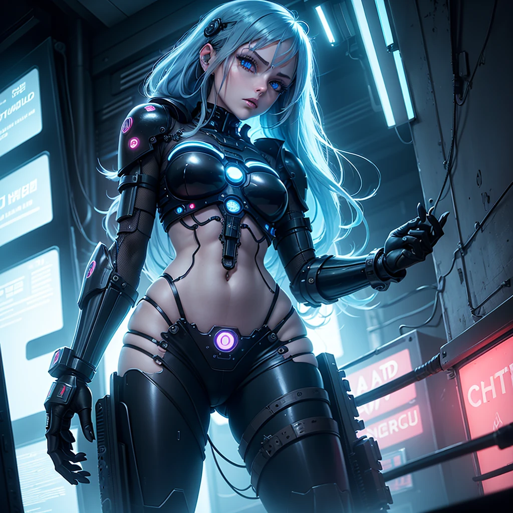View from below, angle from below Girl Android mechanical prosthetics sad emotion gloomy with long blue hair woman with sexy hips half cyborg modification with elements of circuits and processors, wires, mechanics , prosthetic arms and legs Beautiful sad girl blue eyes stands in full growth Anime Style black background Cyberpunk style, black background image of night black city and blue neon lights fluorescent lamps