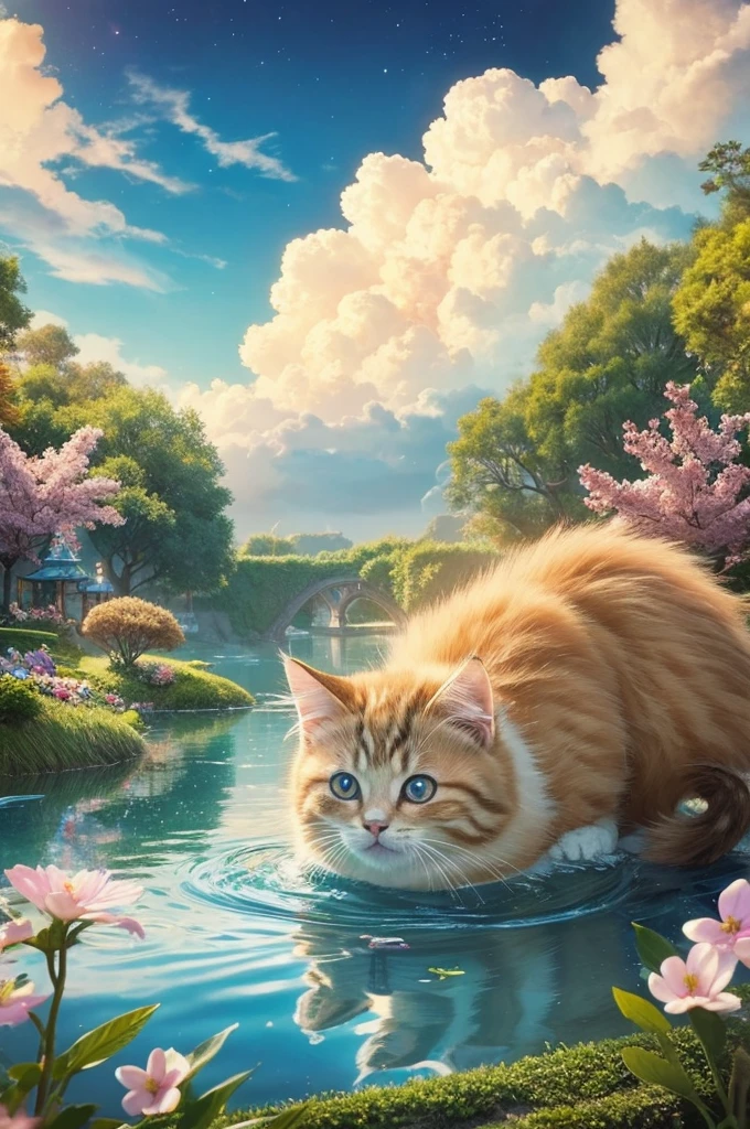 魔法の国 子猫のmasterpiece, Fairyland, Floating Kitten, Fluffy Clouds, Hairy cat, innocent and playful Hairy cat, A dreamy space, Intricate details, High detail, high quality, masterpiece,