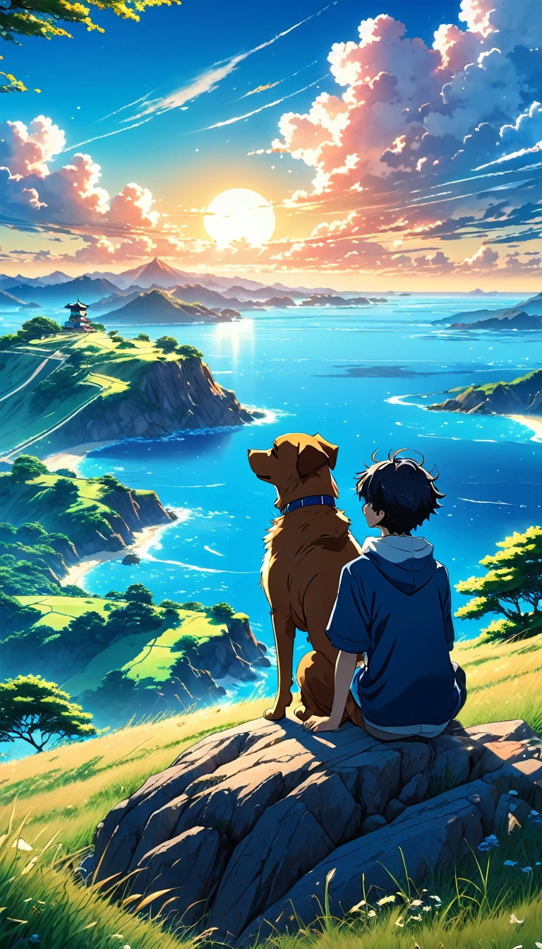 high quality, 8K Ultra HD, great detail, masterpiece, an anime style digital illustration, anime landscape of a boy with his dog sitting on a hill, looking at a blue sky like the sea, anime nature screen with serene sky, beautiful anime scene, beautiful anime peace scene, Makoto Shinkai Cyril Rolando, beautiful anime scene, amazing wallpaper, 8k anime art wallpaper, anime background, art anime background, anime wallpaper 4k, anime art wallpaper 4k, anime art wallpaper 4k,