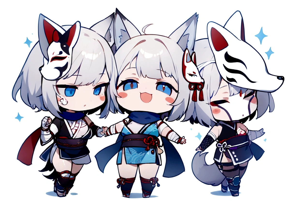 sleep、Stickers、White Gauntlet、chibi,No sleeve、Bleaching、(masterpiece, best quality:1.2), 1girl, 独奏,Wolf girl, fox mask, ninja, girl, white hair, odd eyes, blue kimono, ninja girl, red and blue scarf,Chibi Character、White background, fantastic atmosphere.White background、、Black fox mask、Fisheye Lens、hair、Bandage on chest、boy、Black fox mask、Blue Bondage