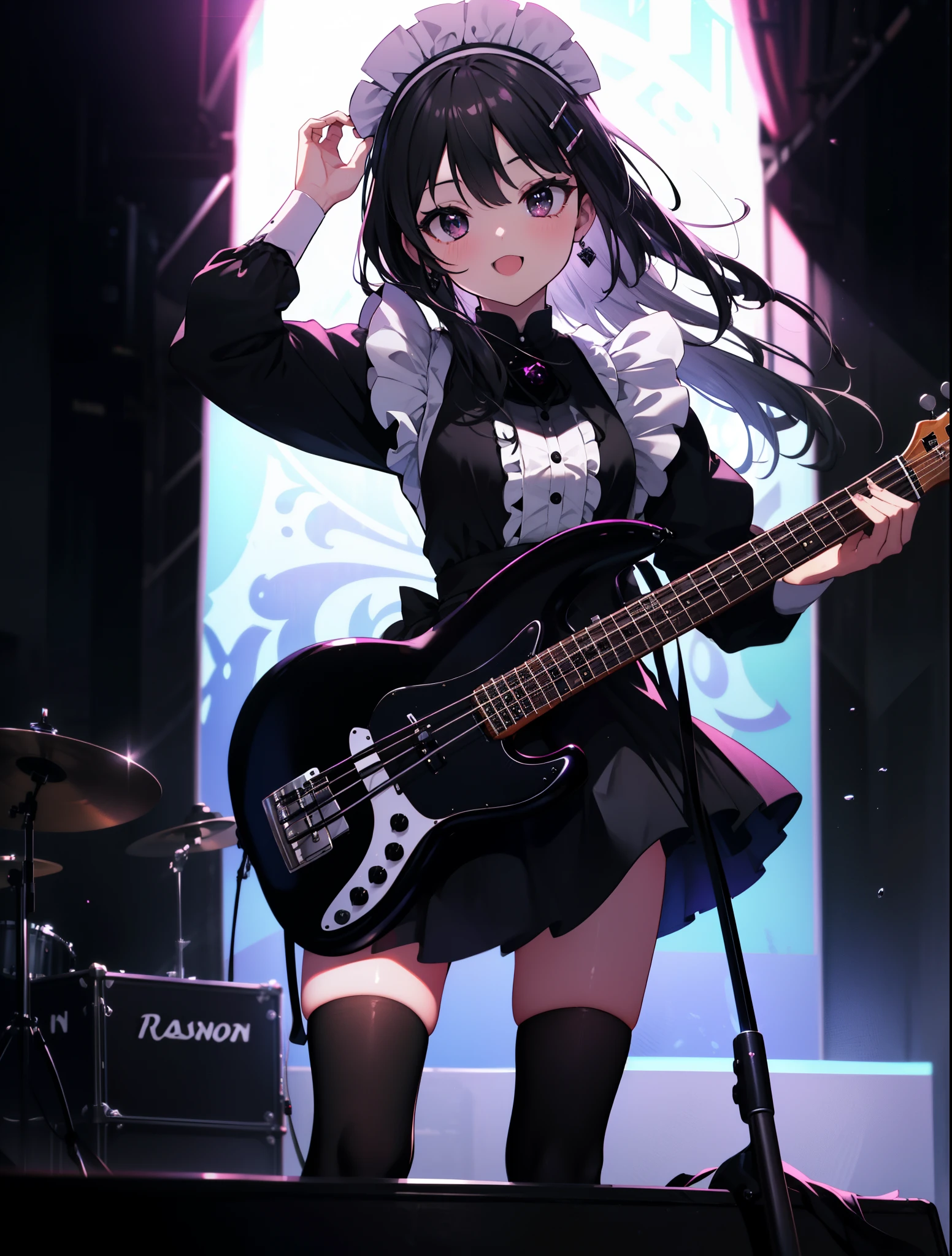 Mount Mimyeon, My Akiyama, (black ruby eye:1.5), Black Hair, Long Hair, Maid，Long skirt，black tights,short boots，Left-handed base(fender jazz bass)play、Rock band concert, Instrument playing, stageパフォーマンス, hot air,Fun atmosphere、Clip Studio、shape of transparency and brightness，close ~ eye、Laughter，stage，On stage，break (Tabletop:1.2), Highest quality, High resolution, unity 8k wallpaper, (shape:0.8), (beautiful and fine eye:1.6), Highly detailed face, Perfect lighting, Detailed CG, (Perfect hands, Perfect Anatomy),