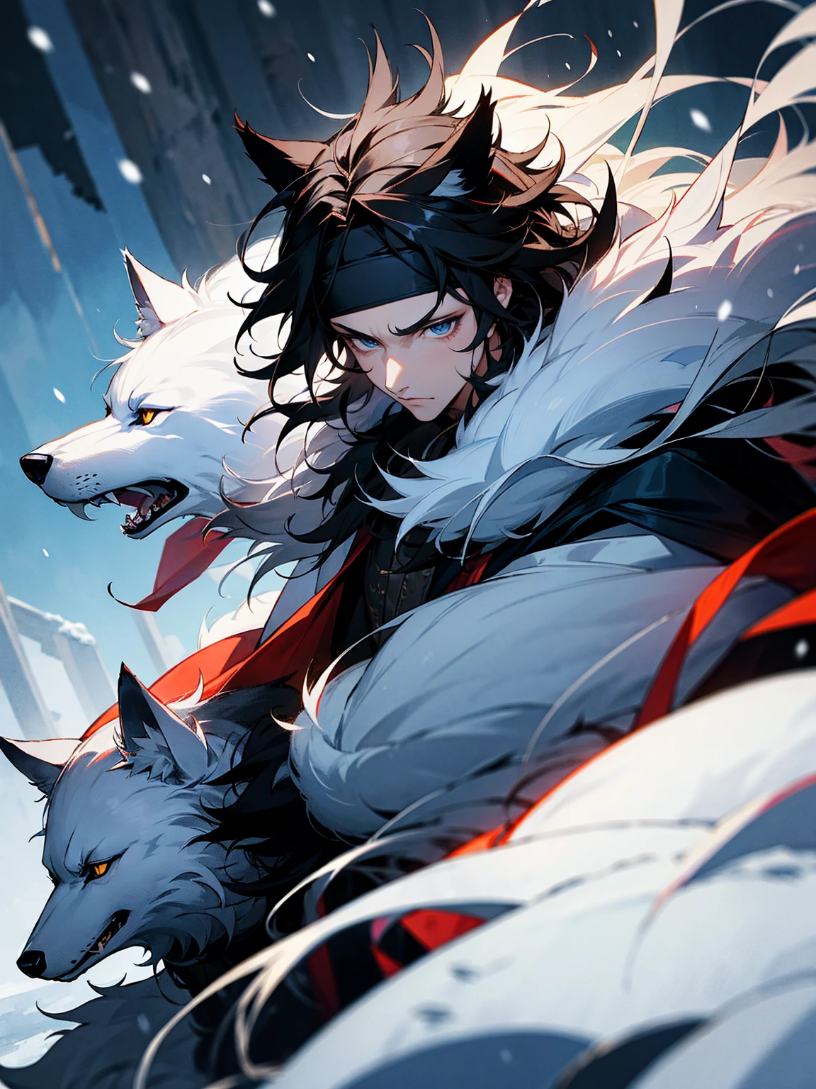                        1male, black hair, messy hair, long hair, headband, fur coat, wolf, snow                   
