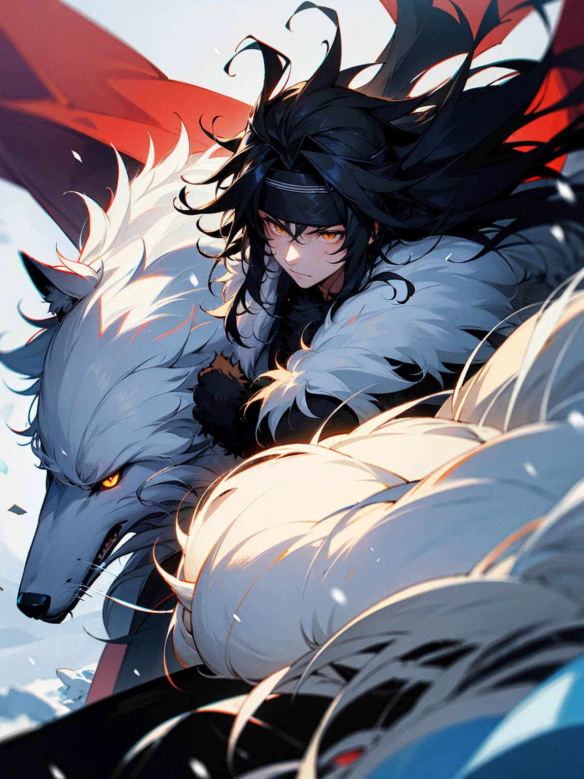 1male, black hair, messy hair, long hair, headband, fur coat, wolf, snow