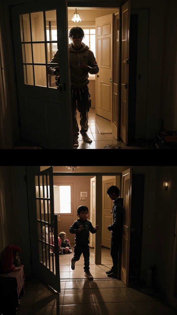 Refuge at Home The image shows the child finally arriving home, breathing heavily as he frantically locks the door. Parents rush to comfort the , expressing concern as they try to calm their fear. The camera pans away, showing the house now lit up from the inside, contrasting with the darkness outside.
